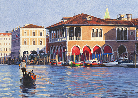 A painting of the Pescheria and a gondola on the Grand Canal, Venice, Italy in evening light by Margaret Heath.